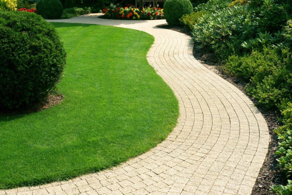 Zadbany ogród o nieregularnych kształtach ze ścieżką w kształcie fali, ułożoną z betonowej kostki oraz z pięknie przyciętym, intensywnie zielonym trawnikiem.